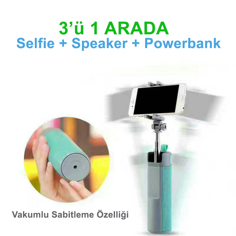 Bluetooth Hoparlör Selfie Çubuğu Powerbank 3′ 1 Arada